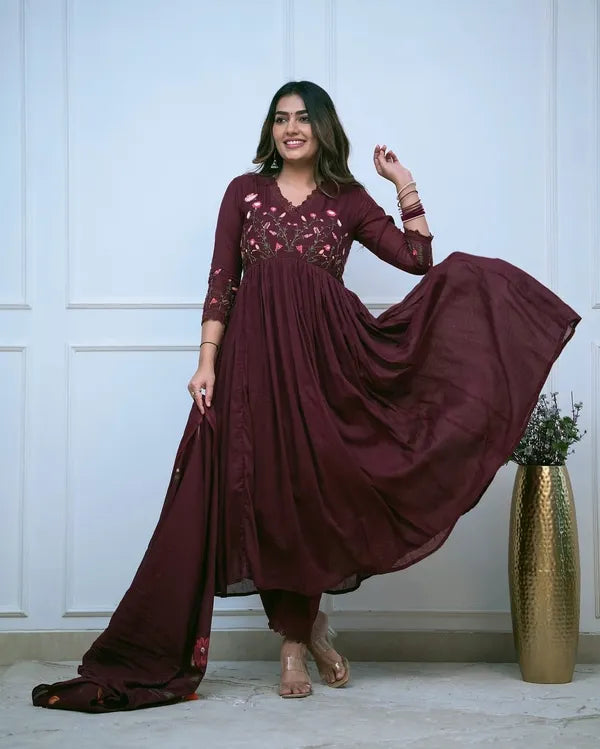 Biba Moroon Look Beautiful And Elegant In Our Best Cotton Anarkali Set.