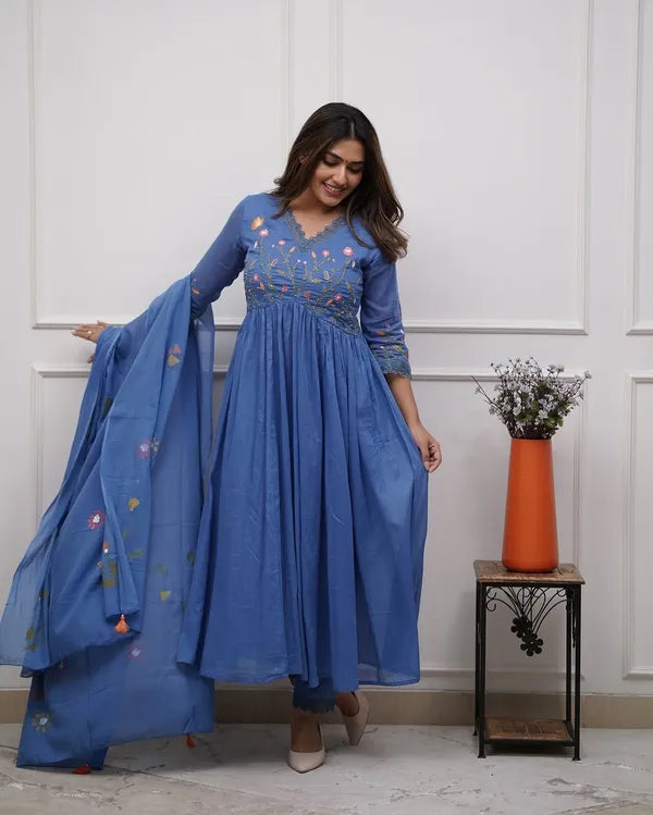 Biba Blue Look Beautiful And Elegant In Our Best Cotton Anarkali Set.