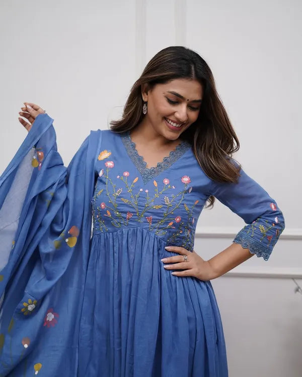 Biba Blue Look Beautiful And Elegant In Our Best Cotton Anarkali Set.