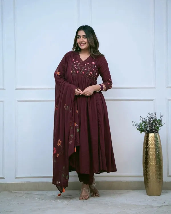 Biba Moroon Look Beautiful And Elegant In Our Best Cotton Anarkali Set.