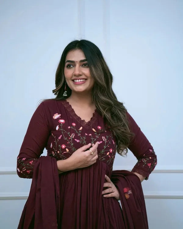 Biba Moroon Look Beautiful And Elegant In Our Best Cotton Anarkali Set.