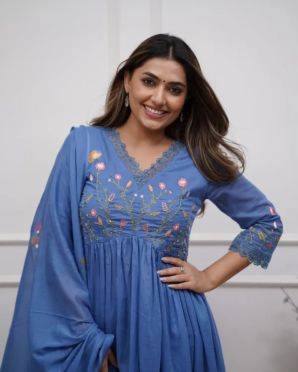 Biba Blue Look Beautiful And Elegant In Our Best Cotton Anarkali Set.