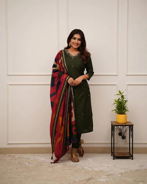Beautiful Pure Rayon Green Kurta And Pant With Dupatta Set