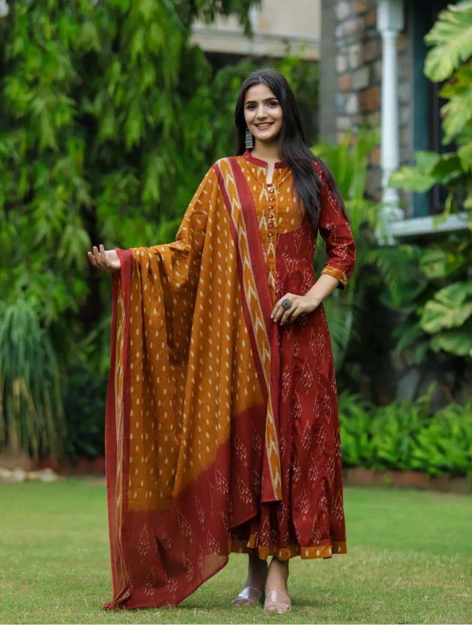 Biba Red Designer Ekka Print With Anarkali Pant And Dupatta Set