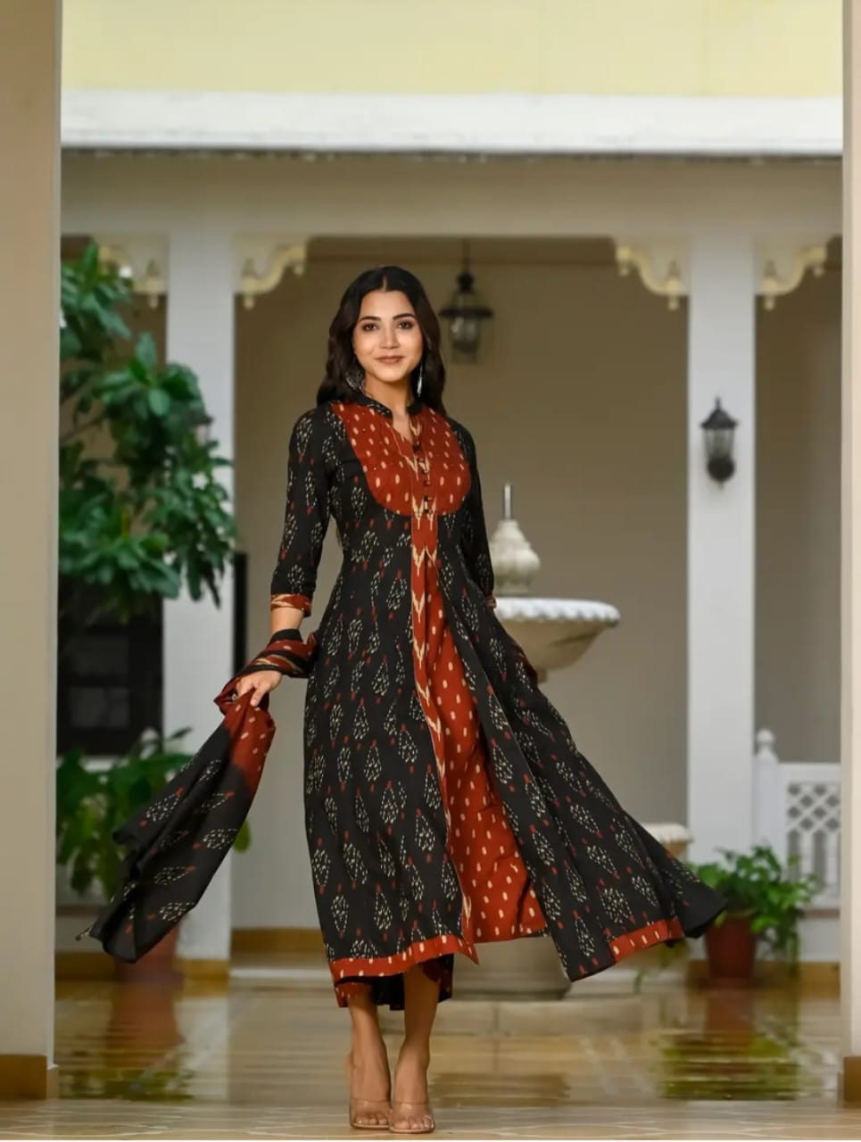 Biba Black Designer Ekka Print With Anarkali Pant And Dupatta Set