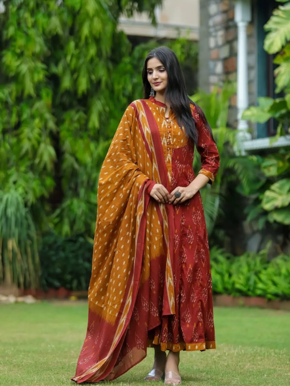 Biba Red Designer Ekka Print With Anarkali Pant And Dupatta Set