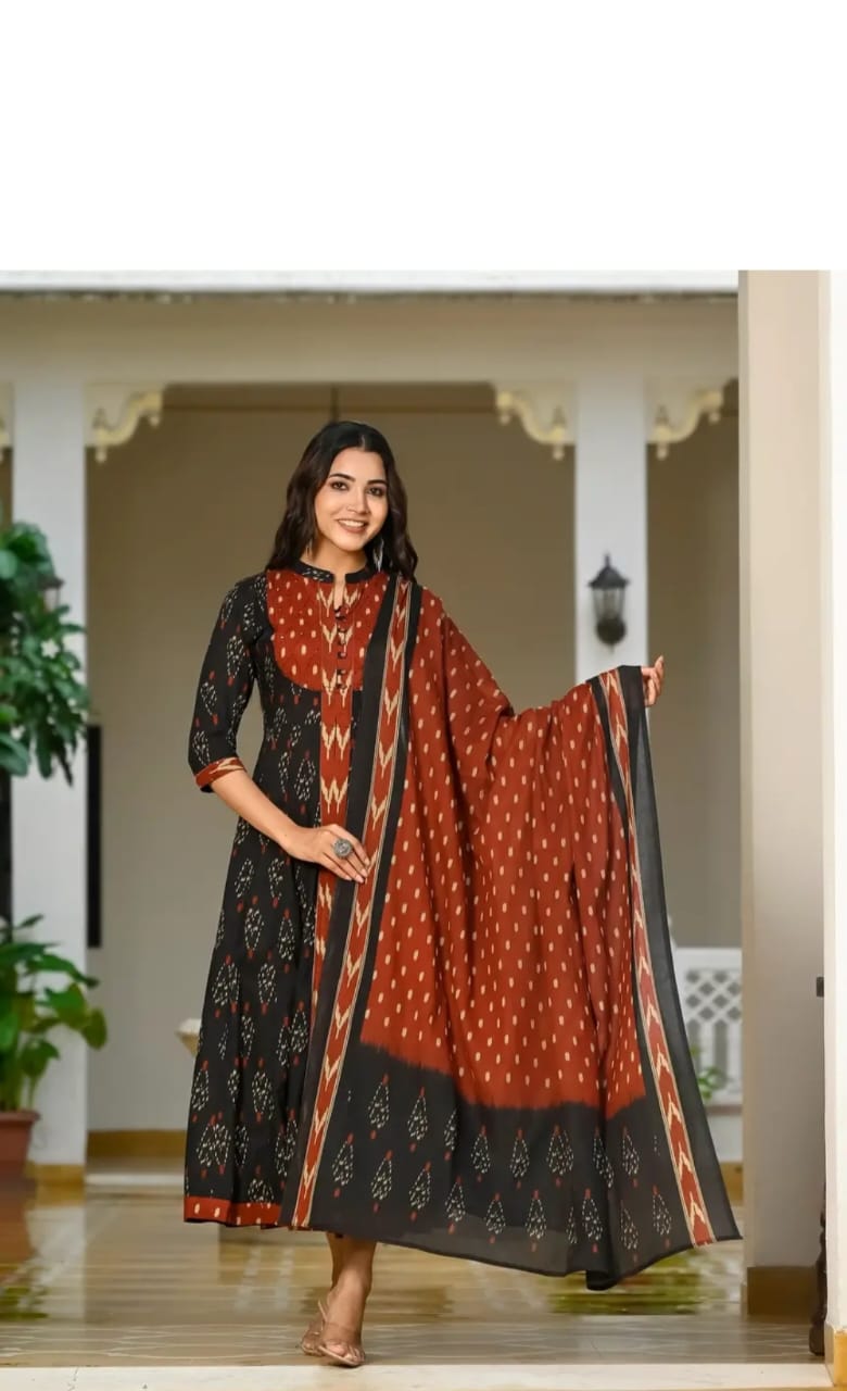 Biba Black Designer Ekka Print With Anarkali Pant And Dupatta Set
