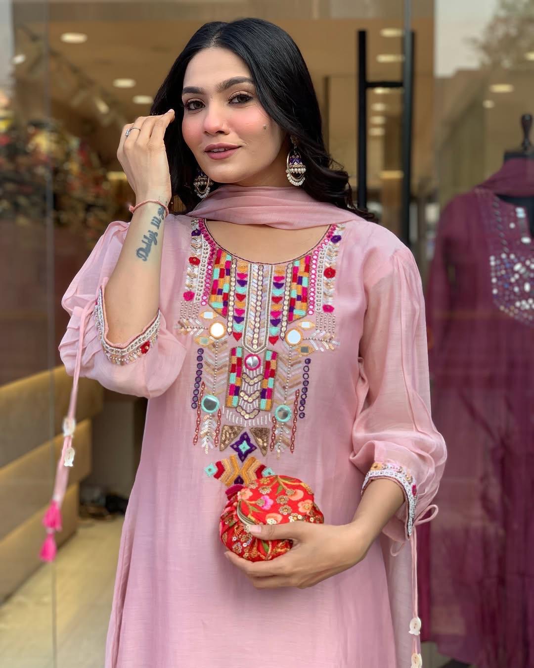 Light Pink Colour Chanderi Silk Designer Kurti Pant Set