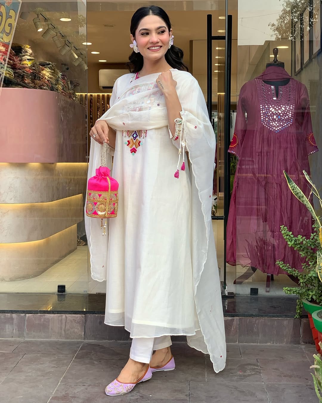 White Colour Chanderi Silk Designer Kurti Pant Set