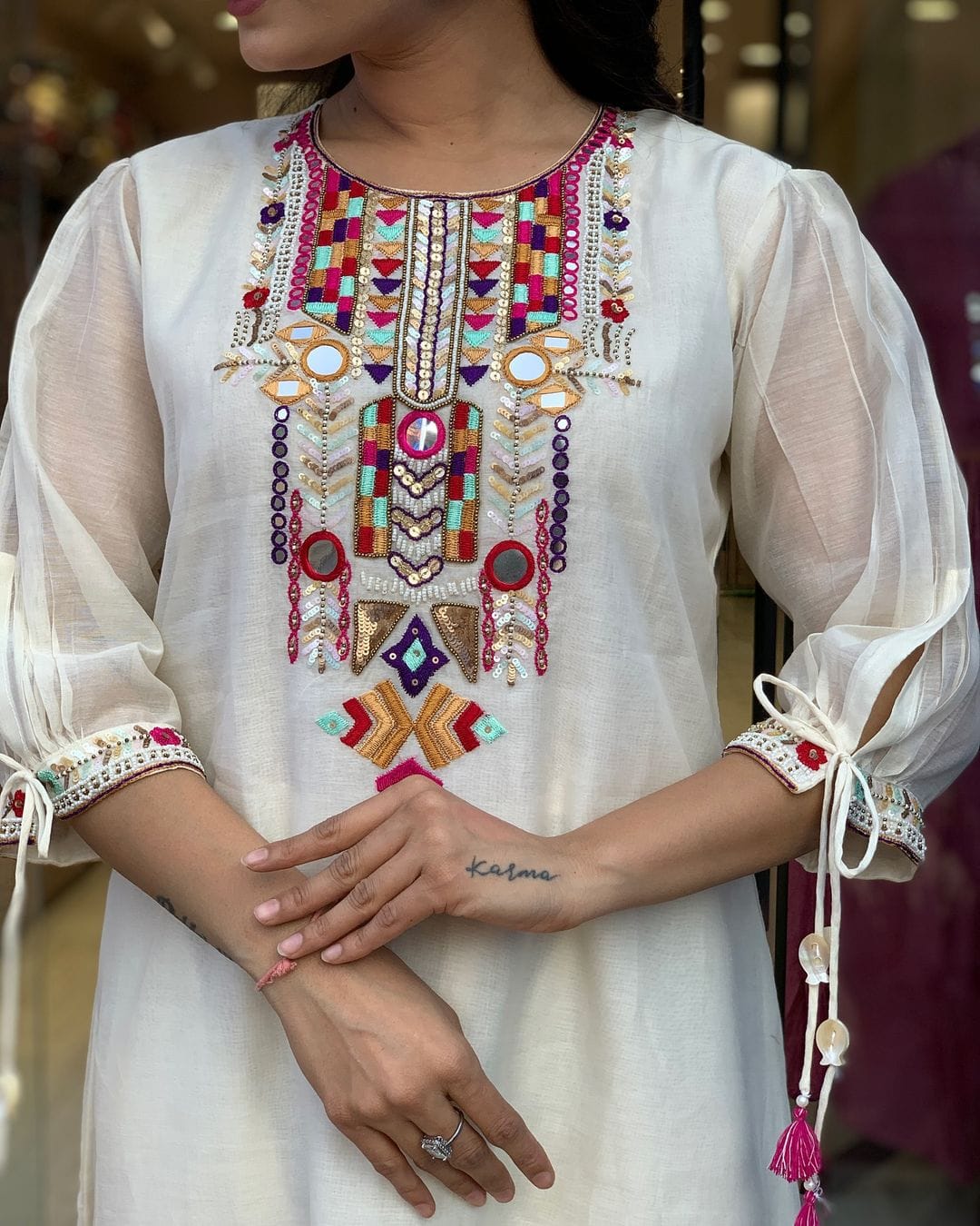 White Colour Chanderi Silk Designer Kurti Pant Set