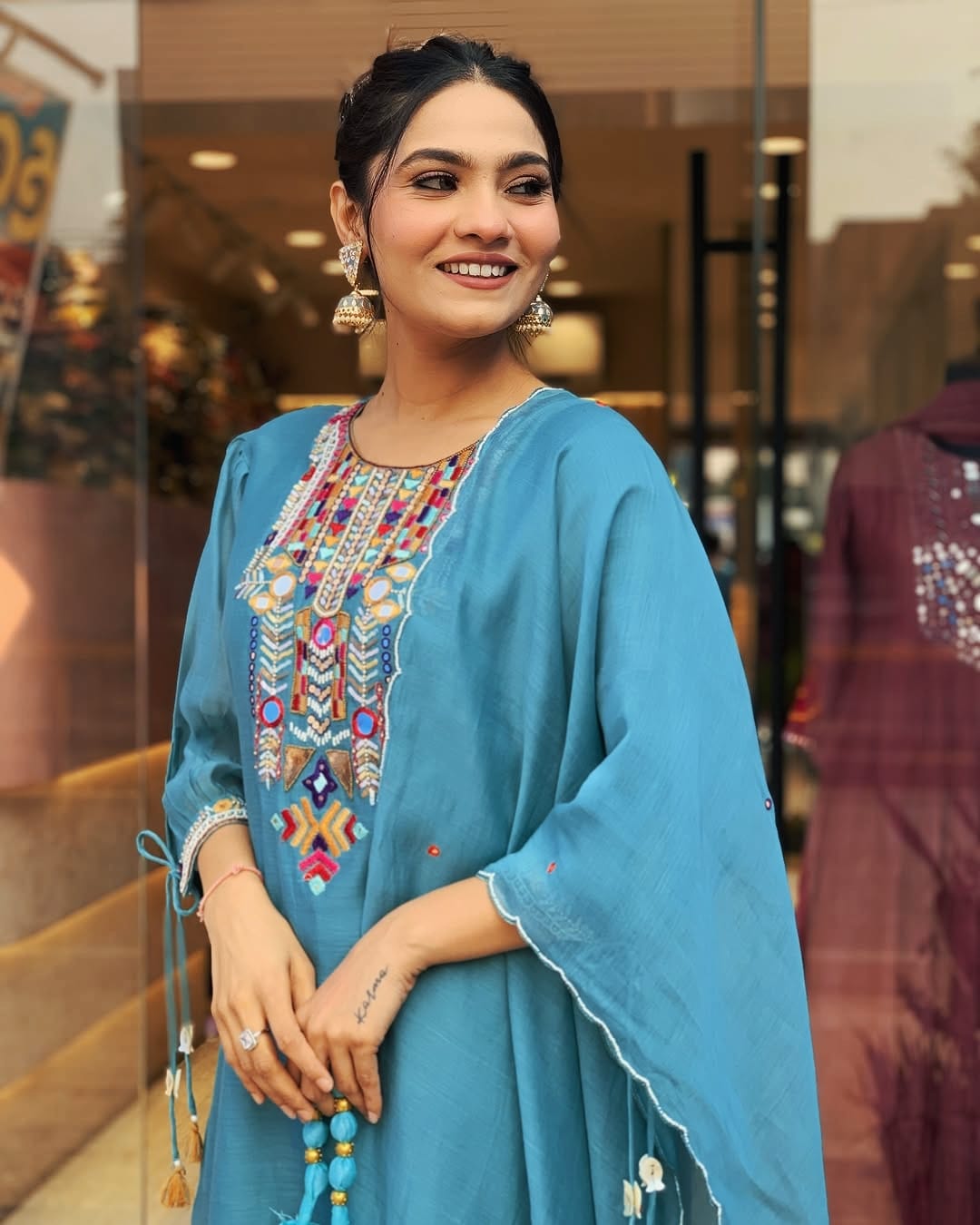 Light Blue Colour Chanderi Silk Designer Kurti Pant Set