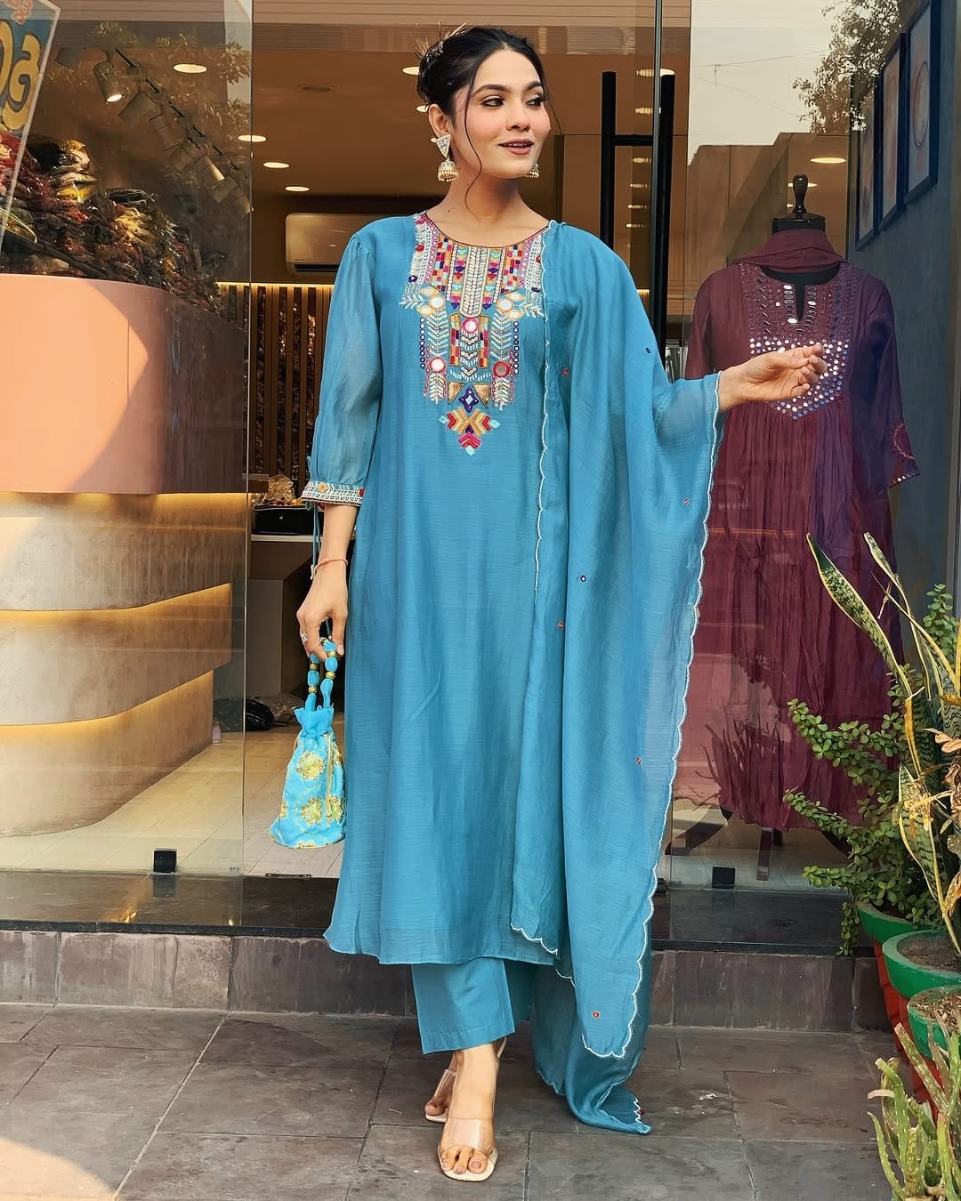 Light Blue Colour Chanderi Silk Designer Kurti Pant Set