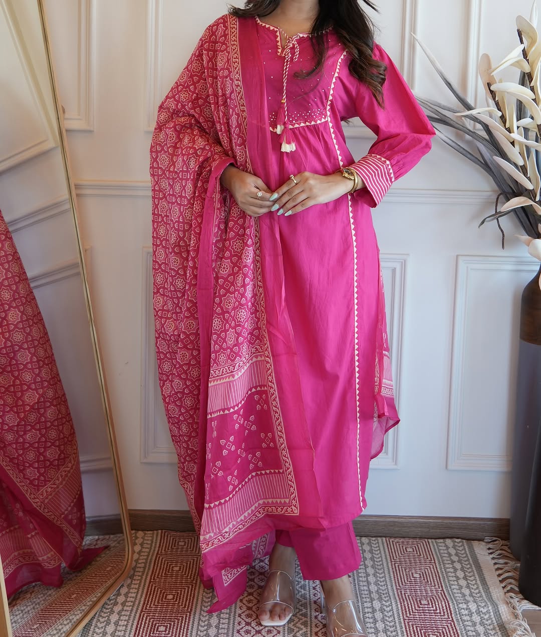 Floral Embroidered Chanderi Cotton Patti Work Kurta And Pant With Dupatta Set