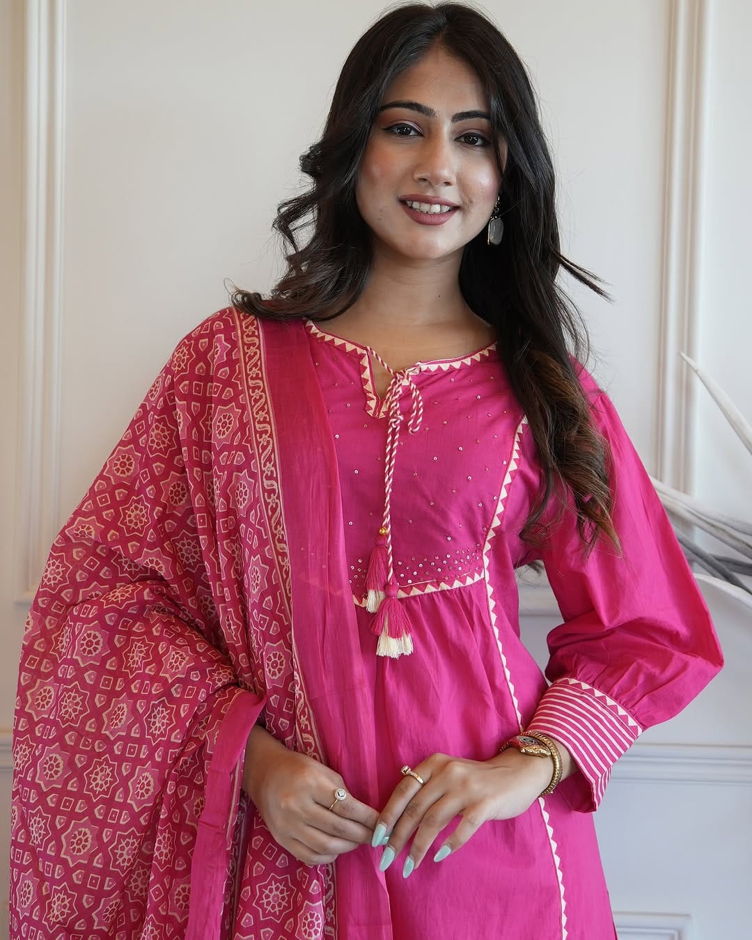 Floral Embroidered Chanderi Cotton Patti Work Kurta And Pant With Dupatta Set