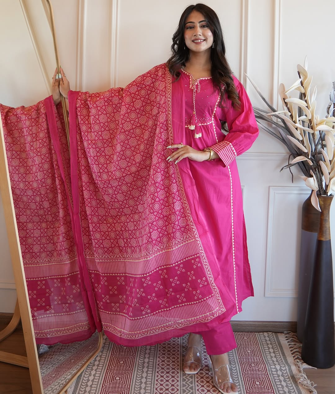 Floral Embroidered Chanderi Cotton Patti Work Kurta And Pant With Dupatta Set