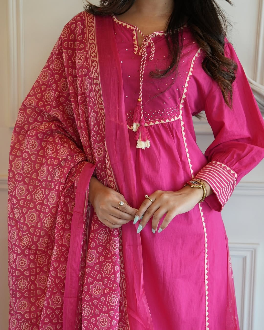 Floral Embroidered Chanderi Cotton Patti Work Kurta And Pant With Dupatta Set