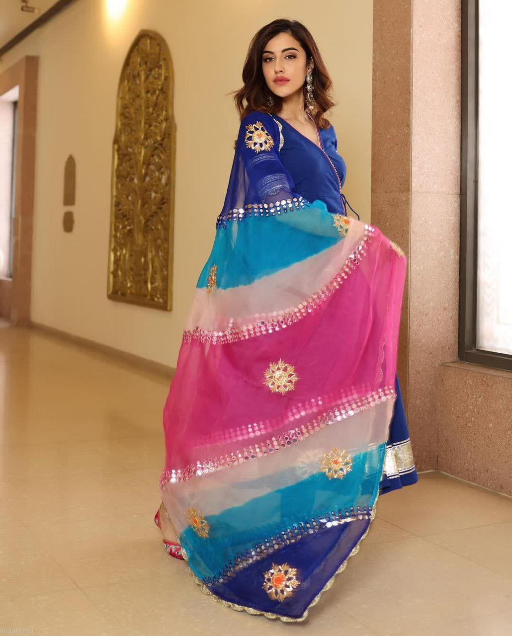 Royal Blue GottaPatti Anarkali Set With Organza Dupatta