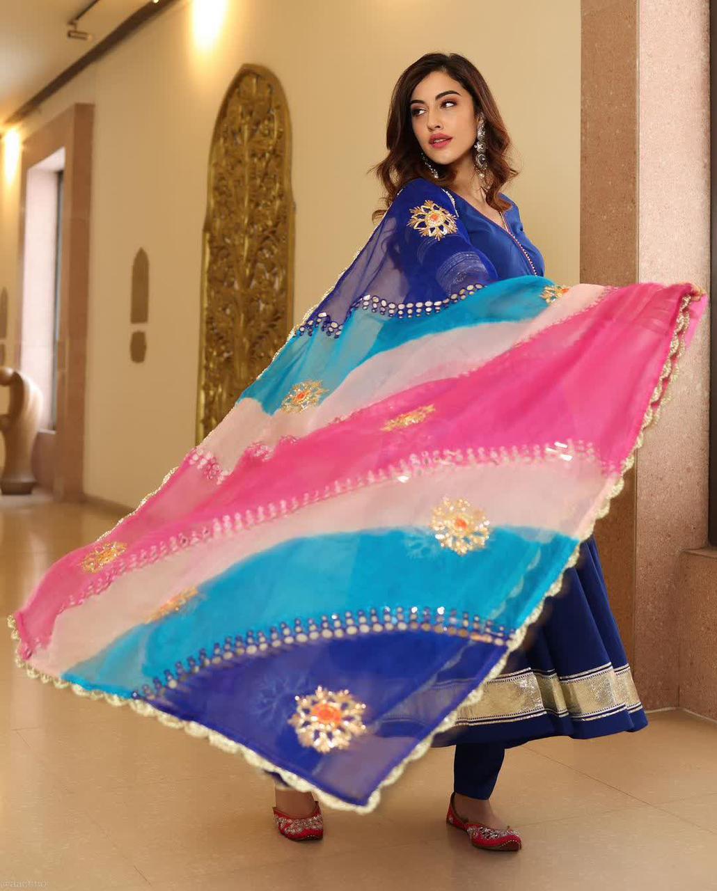 Royal Blue GottaPatti Anarkali Set With Organza Dupatta