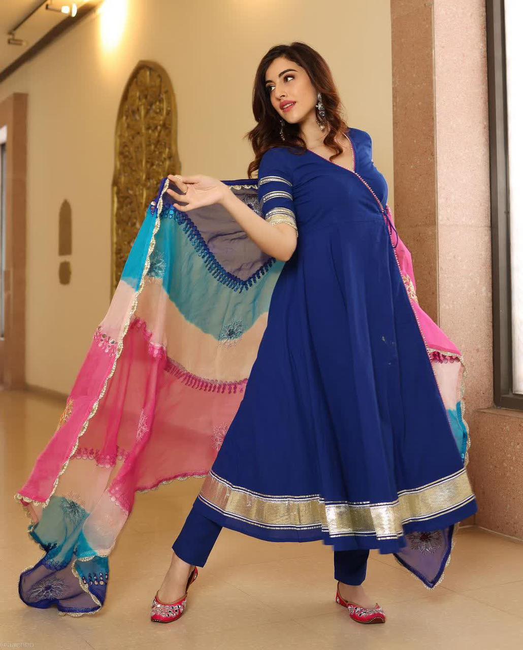 Royal Blue GottaPatti Anarkali Set With Organza Dupatta