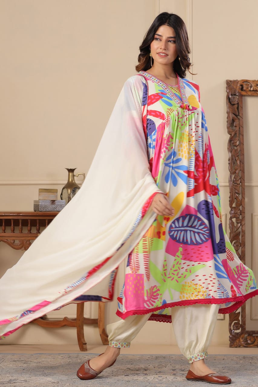 Cream Anarkali Cotton Printed Floral Blunt V Abstract Set