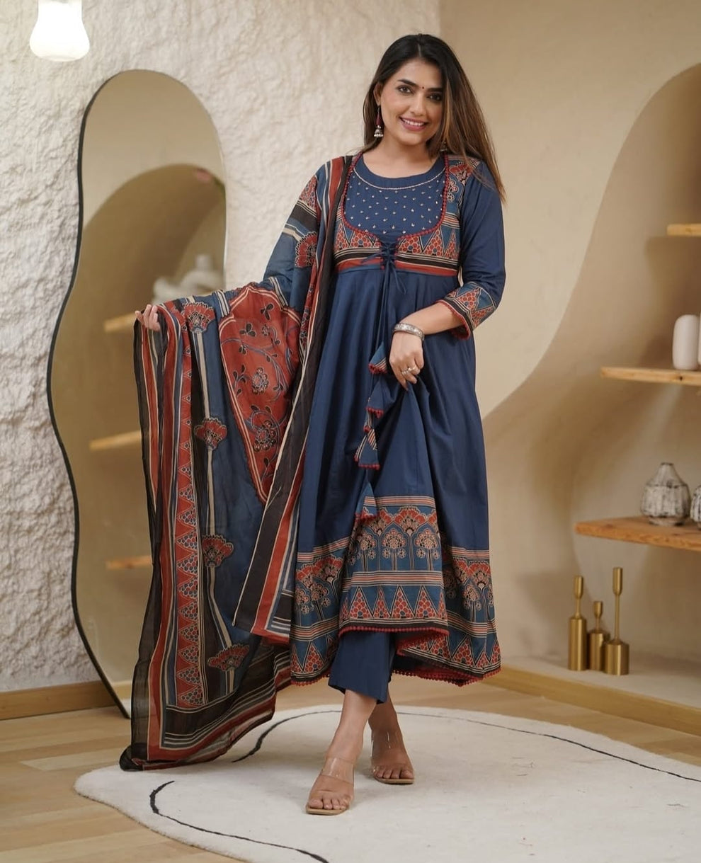 Biba Premium Printed With Hand Work Anarkali Kurta Set