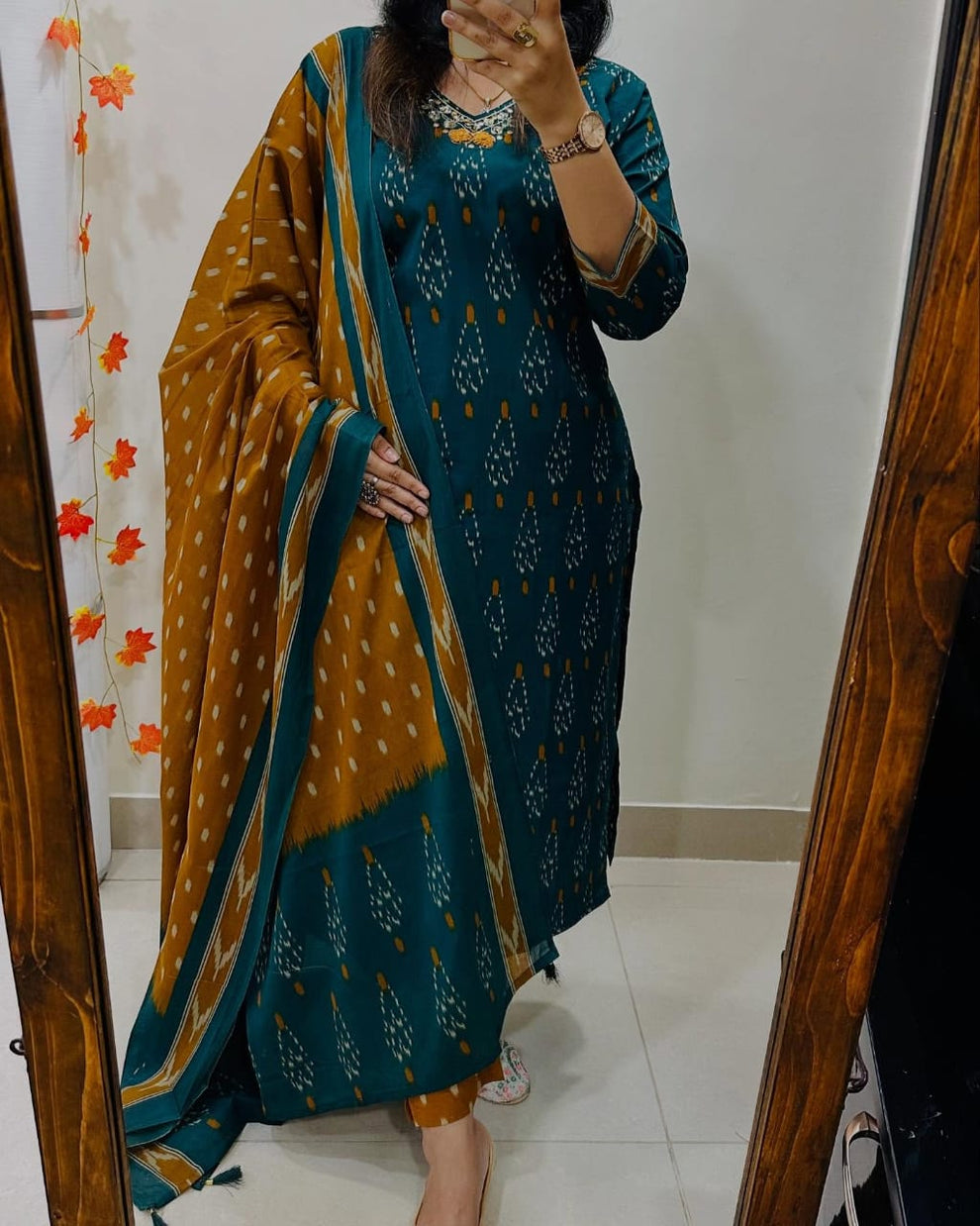 Women Teal And Mustrad Ikka Print Cotton Kurta Set With Dupatta Set