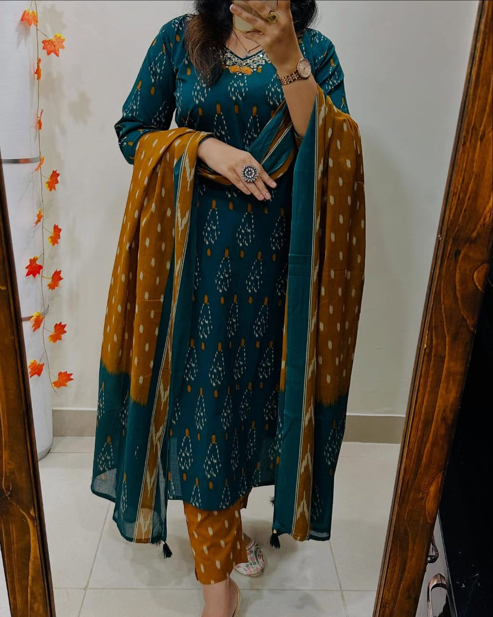 Women Teal And Mustrad Ikka Print Cotton Kurta Set With Dupatta Set