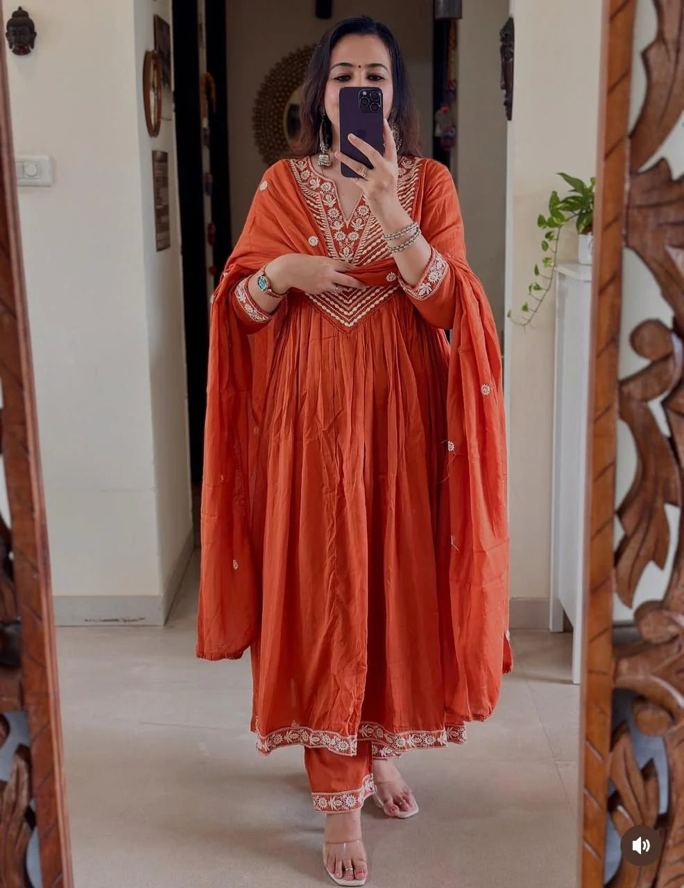 Beautiful Pure Mul Cotton Anarkali Kurta Set with Side Embroidery