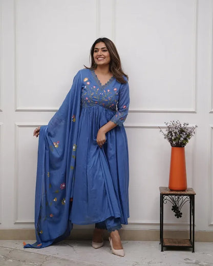 Biba Blue Look Beautiful And Elegant In Our Best Cotton Anarkali Set.