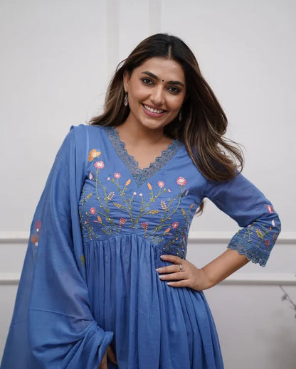Biba Blue Look Beautiful And Elegant In Our Best Cotton Anarkali Set.