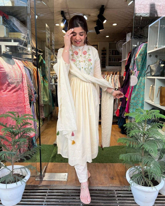 Biba White Cotton Embroidered Kurta With Pants And Dupatta Set