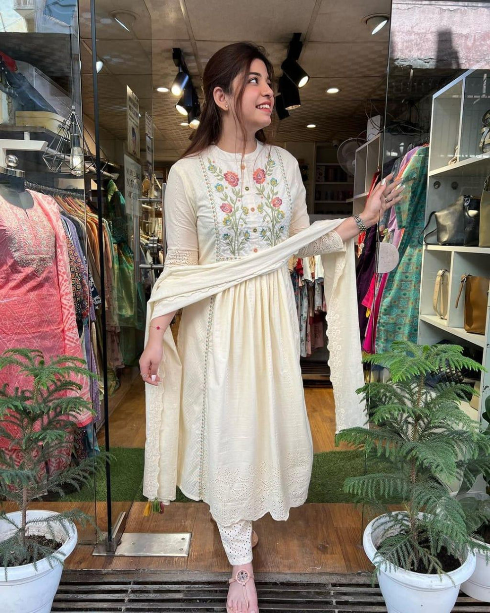 Biba White Cotton Embroidered Kurta With Pants And Dupatta Set