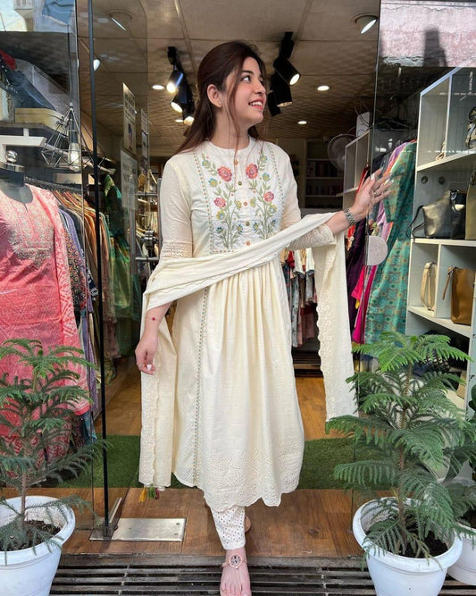 Biba White Cotton Embroidered Kurta With Pants And Dupatta Set
