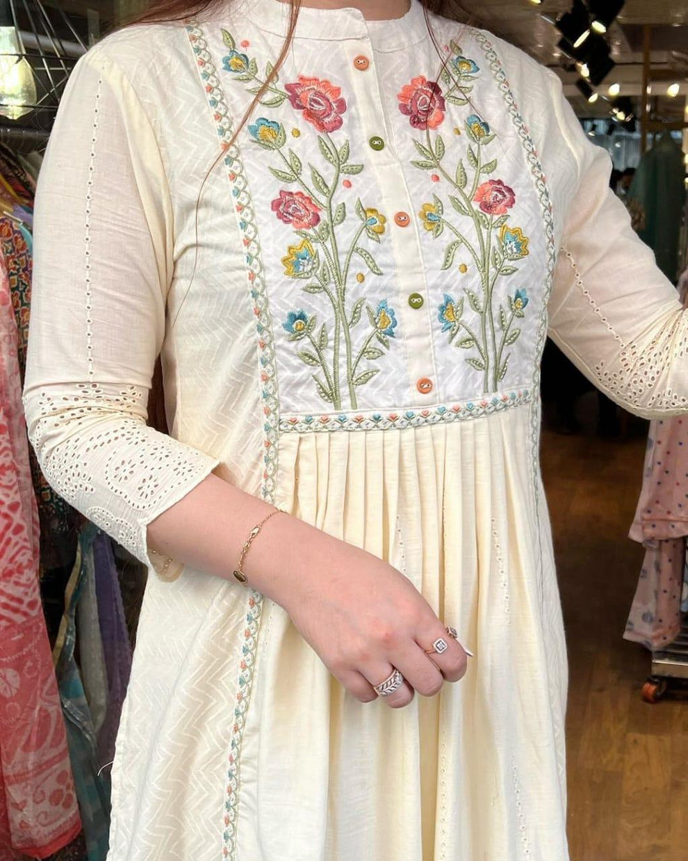 Biba White Cotton Embroidered Kurta With Pants And Dupatta Set