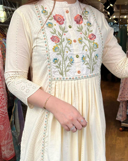 Biba White Cotton Embroidered Kurta With Pants And Dupatta Set