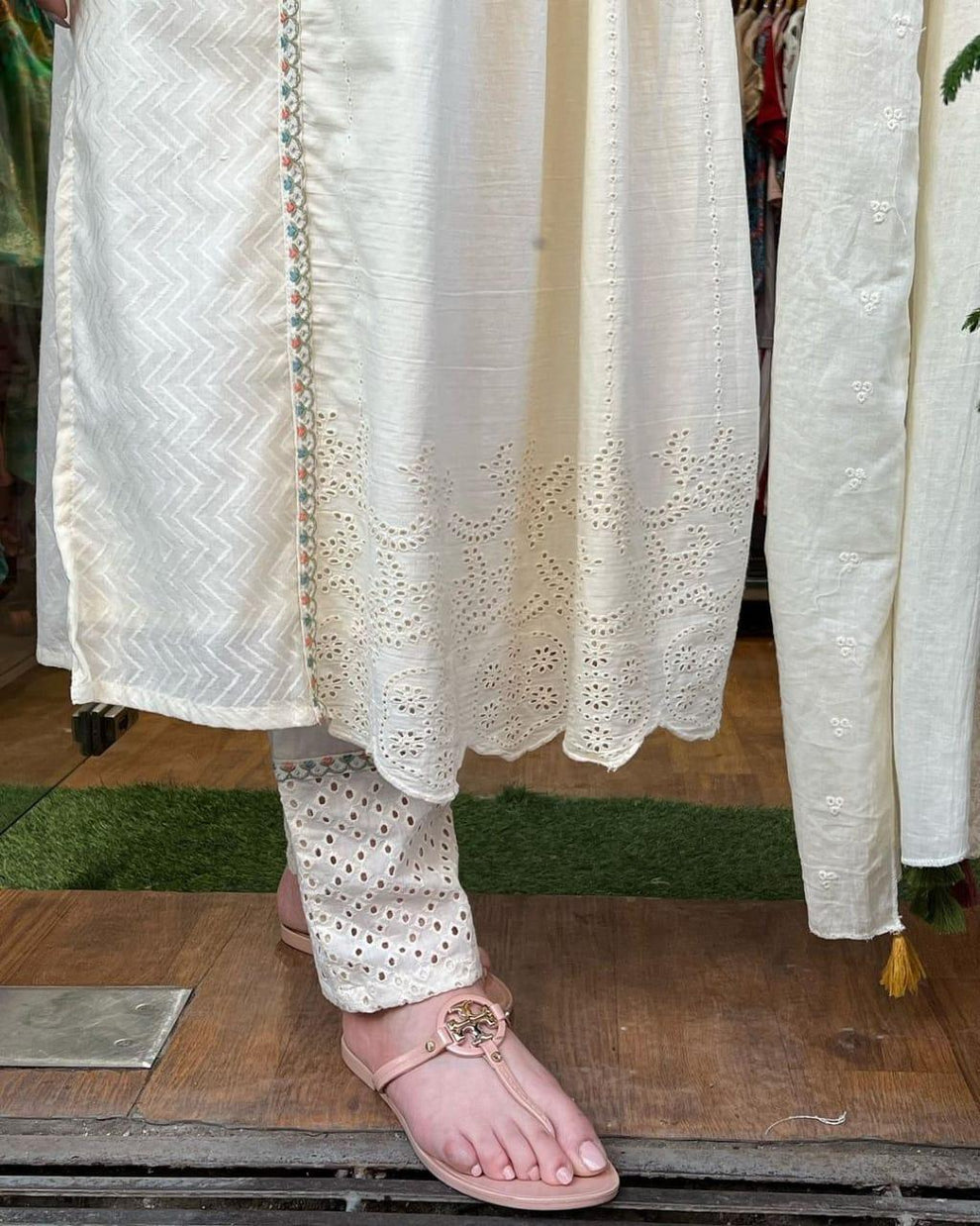 Biba White Cotton Embroidered Kurta With Pants And Dupatta Set