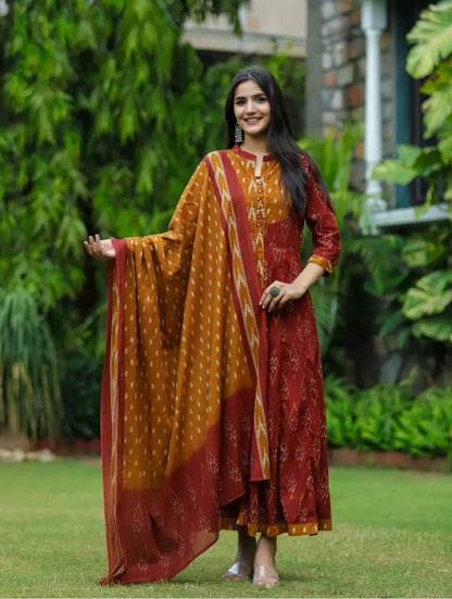Biba Red Designer Ekka Print With Anarkali  Pant And Dupatta Set