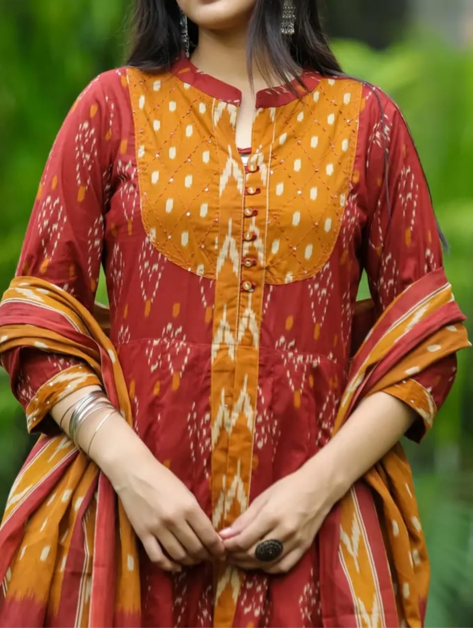 Biba Red Designer Ekka Print With Anarkali  Pant And Dupatta Set