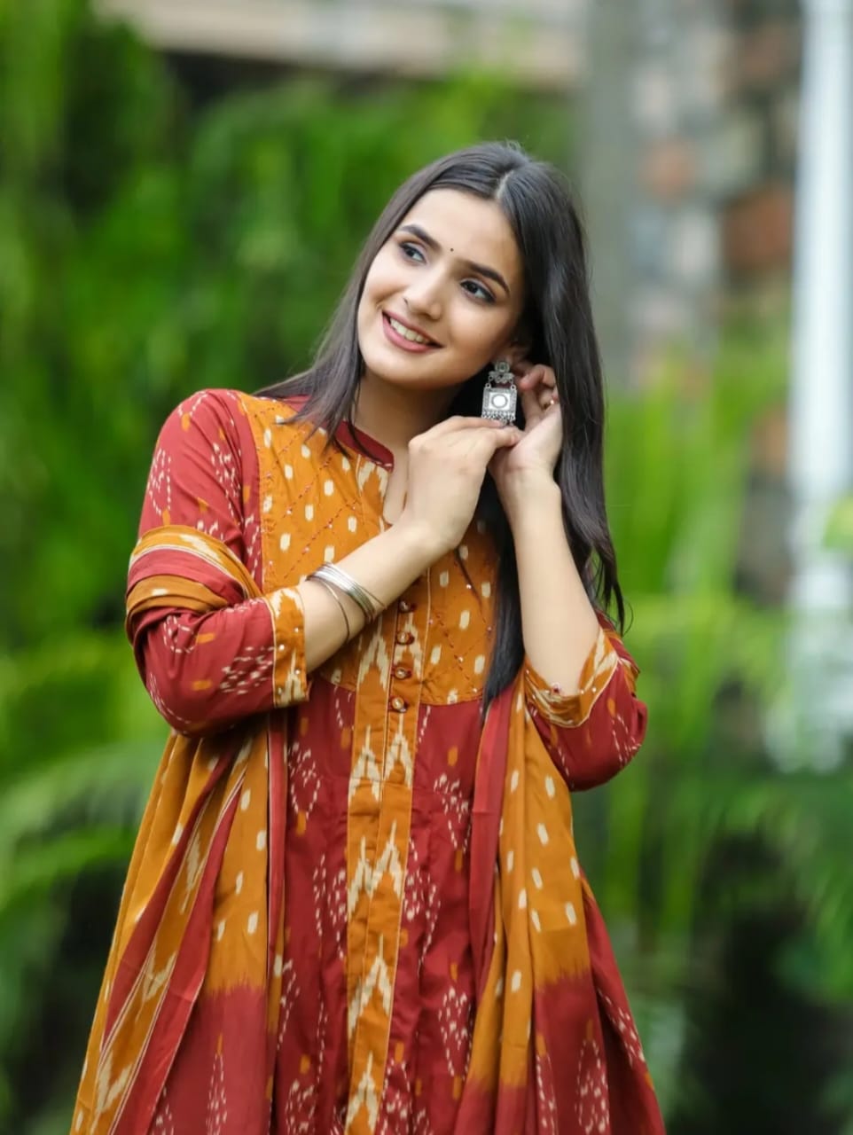 Biba Red Designer Ekka Print With Anarkali  Pant And Dupatta Set