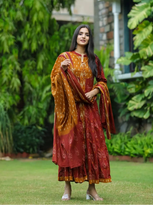 Biba Red Designer Ekka Print With Anarkali  Pant And Dupatta Set