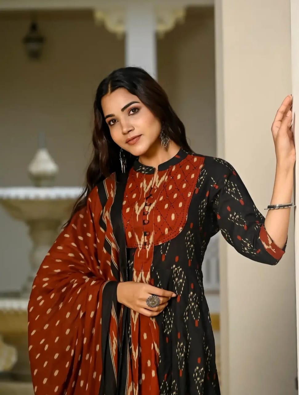Biba Black Designer Ekka Print With Anarkali Pant And Dupatta Set