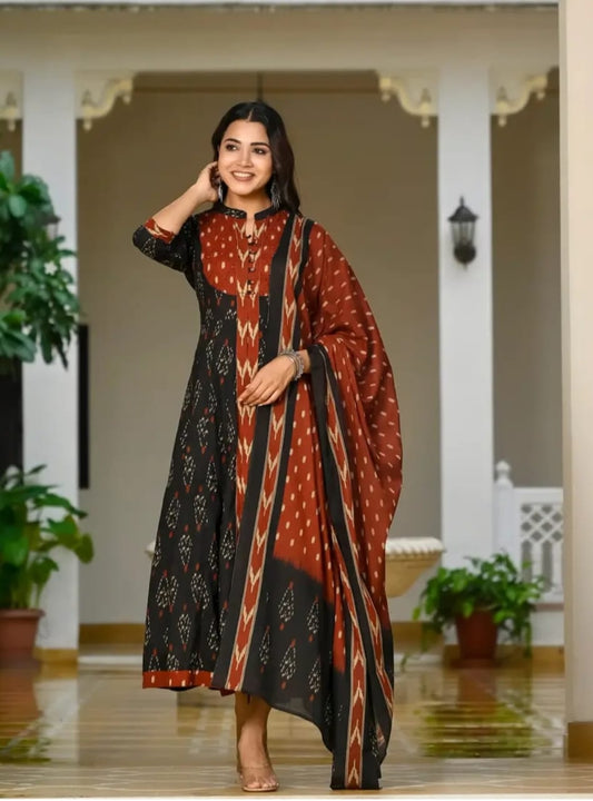 Biba Black Designer Ekka Print With Anarkali Pant And Dupatta Set