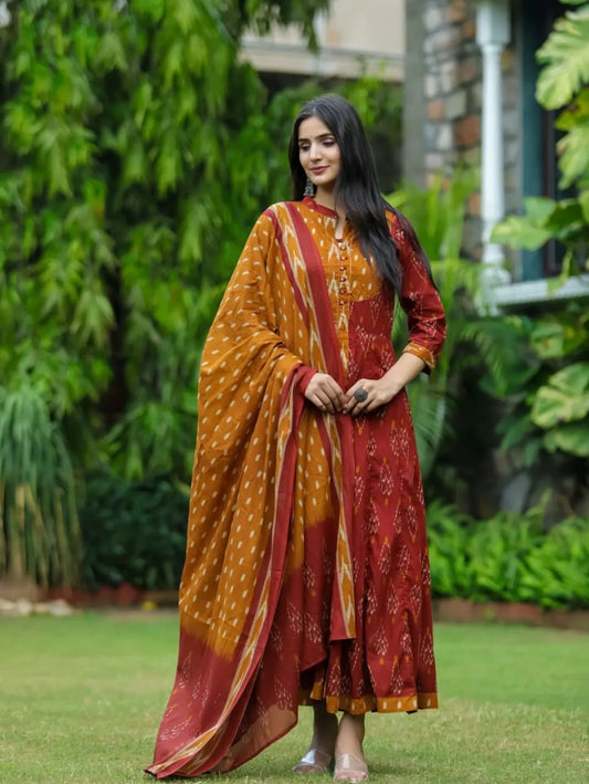 Biba Red Designer Ekka Print With Anarkali  Pant And Dupatta Set