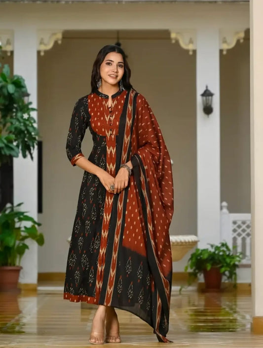 Biba Black Designer Ekka Print With Anarkali Pant And Dupatta Set