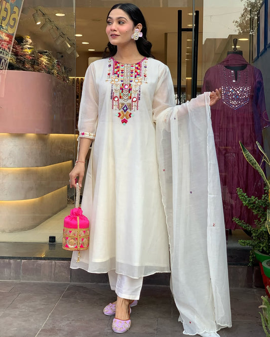White Colour Chanderi Silk Designer Kurti Pant Set