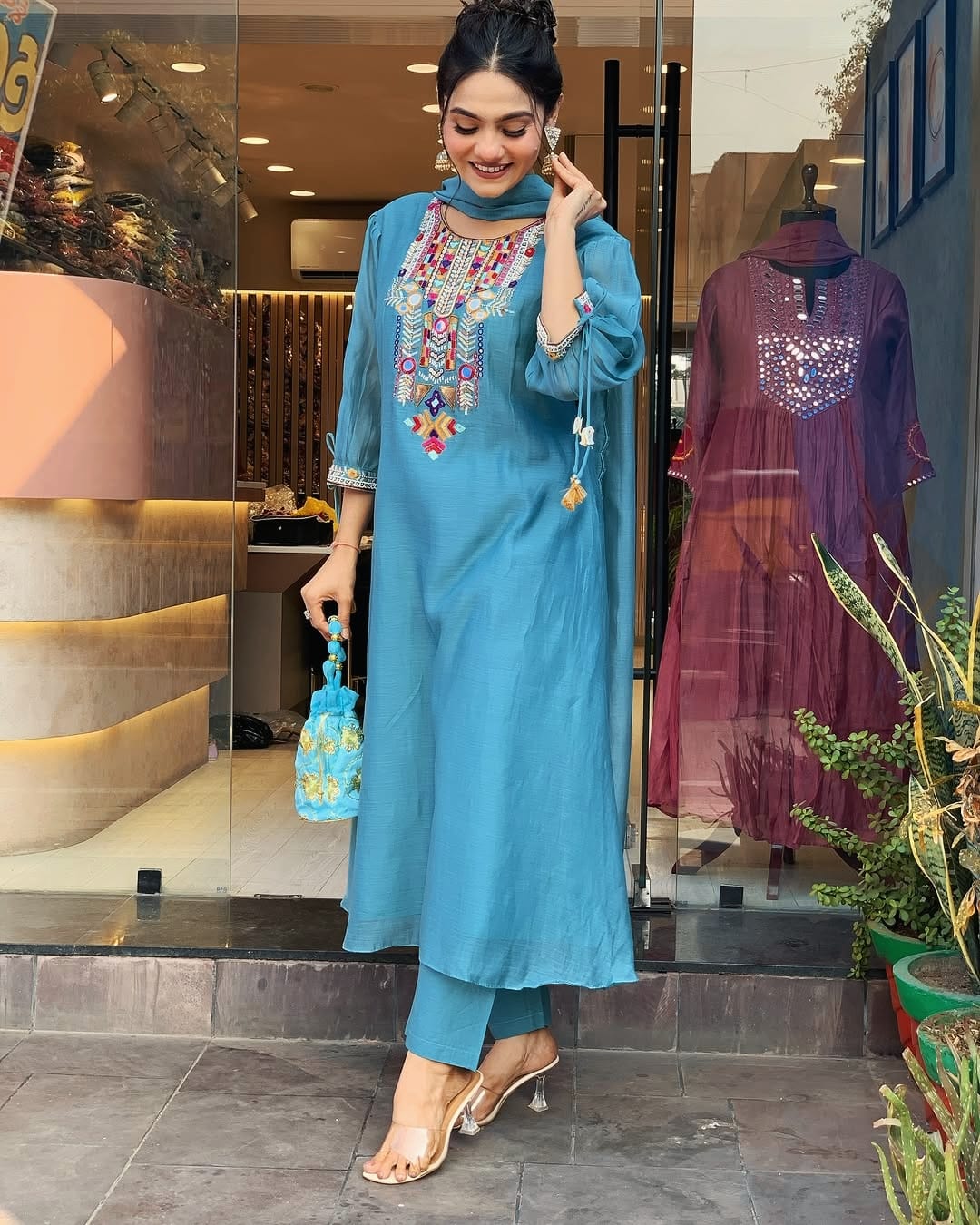 Light Blue Colour Chanderi Silk Designer Kurti Pant Set