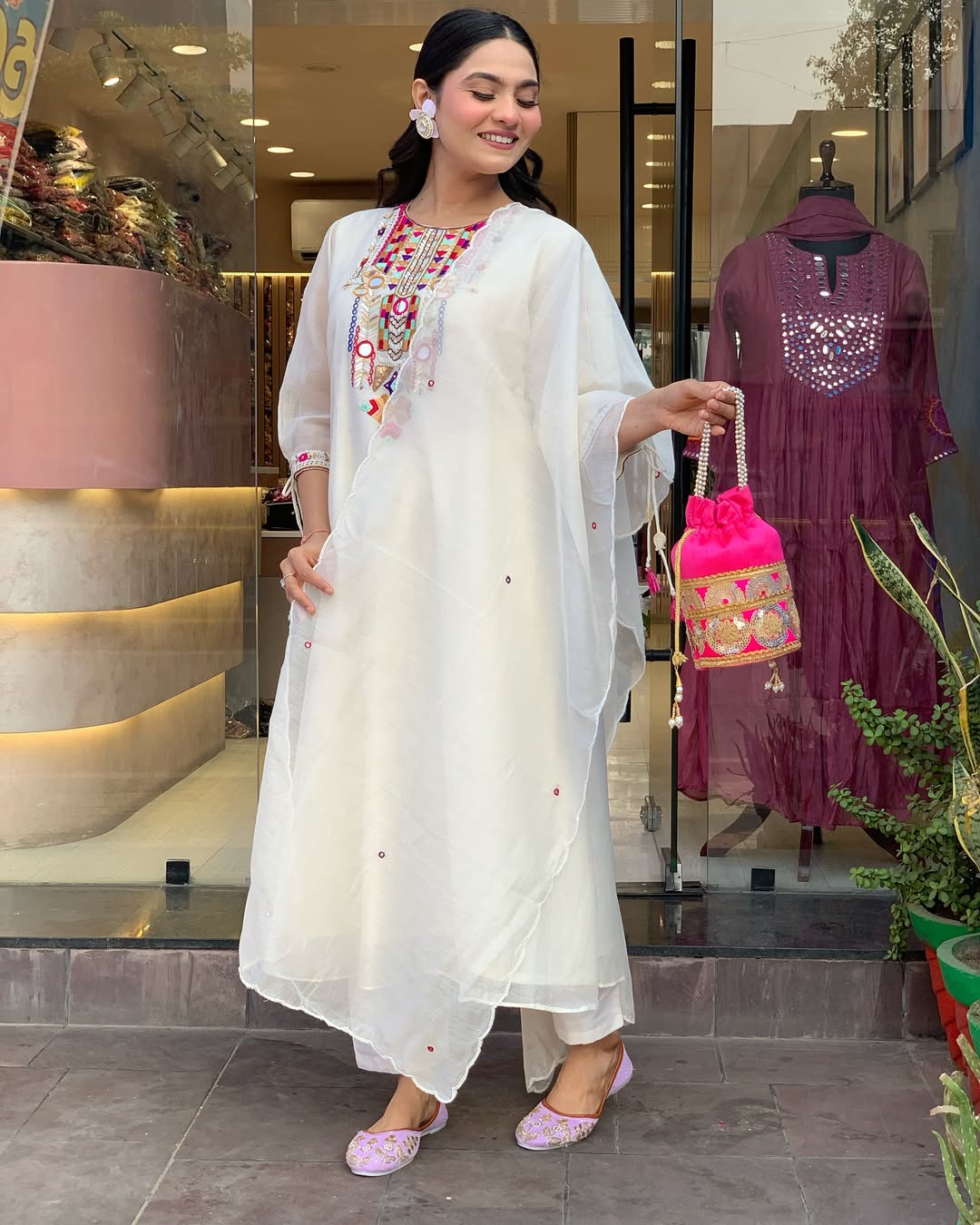 White Colour Chanderi Silk Designer Kurti Pant Set
