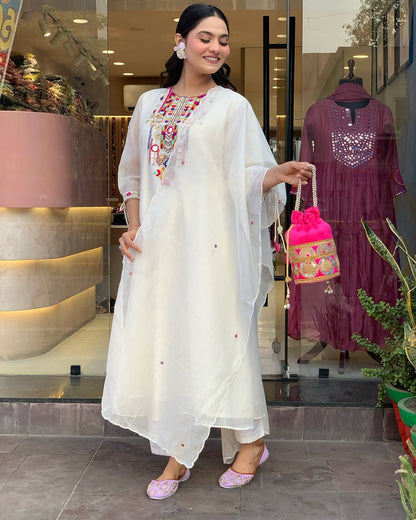 White Colour Chanderi Silk Designer Kurti Pant Set