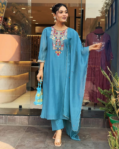 Light Blue Colour Chanderi Silk Designer Kurti Pant Set
