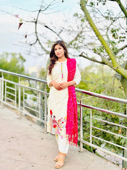Woman In Traditional Indian Attire Or Embroidered Kurta Set With pink Bandhej Dupatta Set
